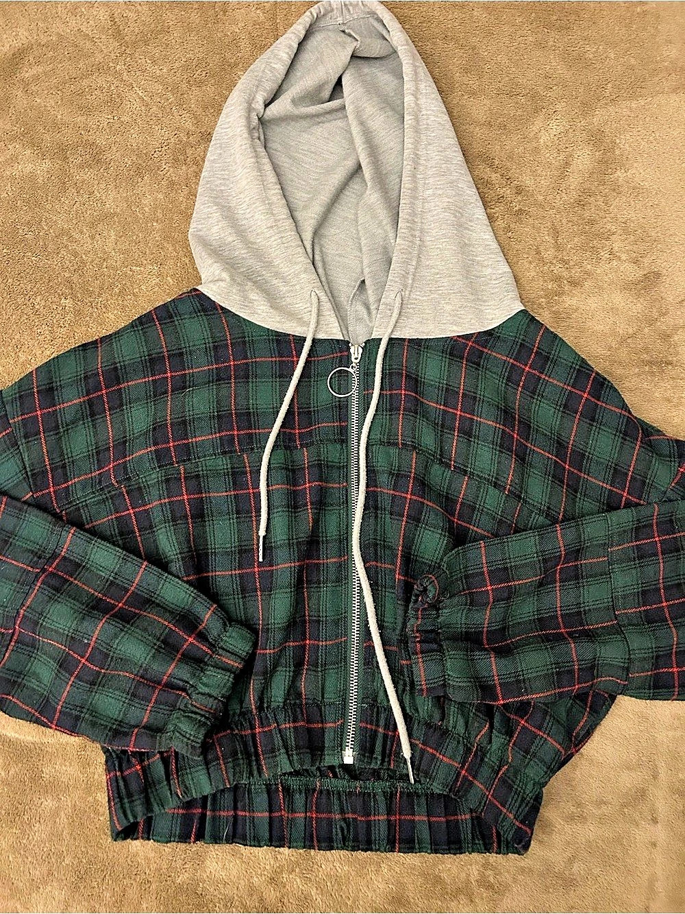 HYFVE Plaid Hooded Bomber Jacket in Green & Gray Size Medium